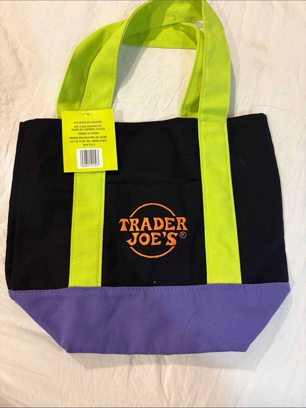 Trader Joe's Black Canvas Tote with Lime Handles and Purple Base